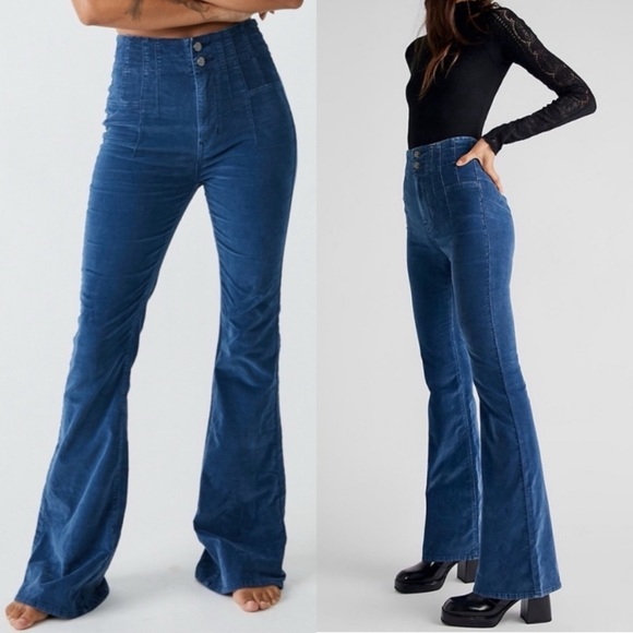 Free People Denim - Free People Jayde Cord High Rise Flare Retro Jeans Moody Blue Navy Size 26